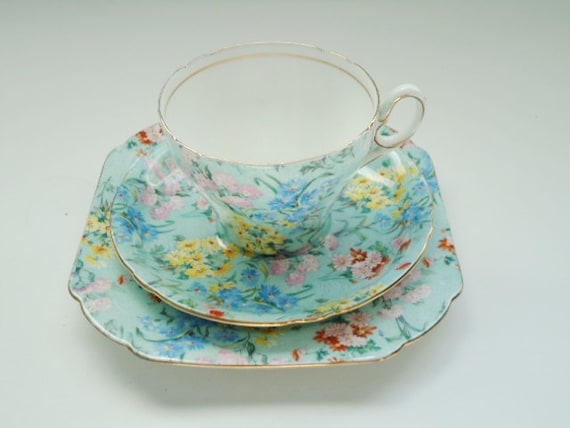 Vintage Shelley China, Tea Cup Set, Melody Chintz Trio Teacup and Saucer, Side Plate
