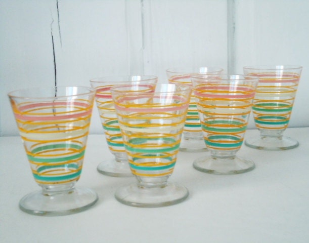 Vintage Anchor Hocking Pastel Striped or Banded Sherberts - 1950s Hocking Stripes - Vintage Anchor Hocking