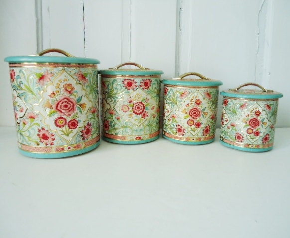 Vintage Turquoise Pink and Gold Floral Canister Set Made in Holland