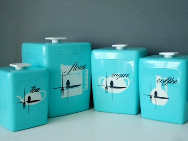 Retro Nesting Kitchen Canister Set - 1960s Turquoise Canisters