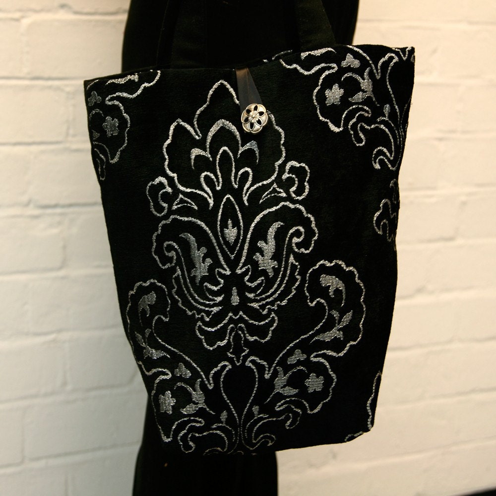 Handmade black and silver brocade handbag