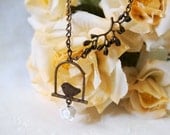 Love Bird Necklace with Leaf Branch and White Rose - Love in the Air