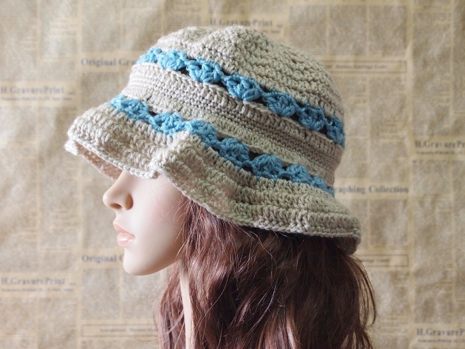 Hand Crocheted Hat - Lovely Wheat and Light Blue Bucket Hat for Teen Girl and Adult Woman