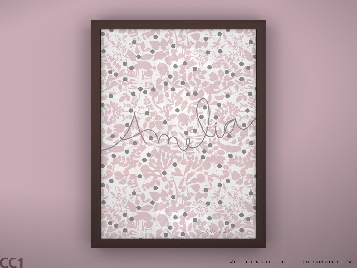 Personalized baby print wall art retro cute floral and animal silhouette - Unframed 11 3/4  x 15 3/4" - Morning Mist