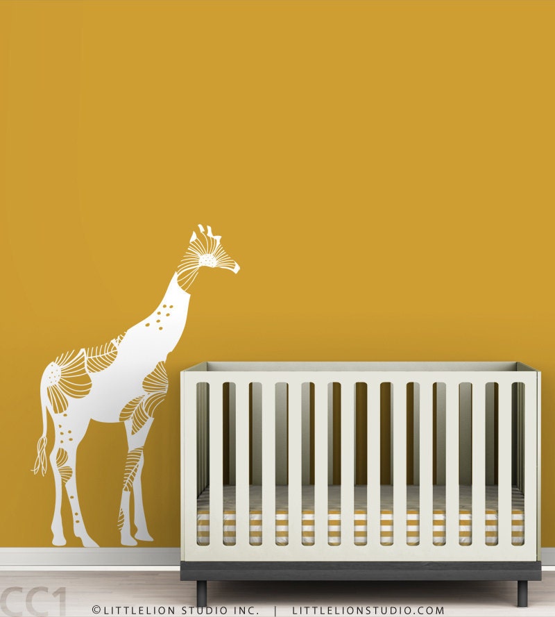Baby Floral Giraffe Wall Decal - White decal - Bold floral - Modern baby nursery - Yellow, orange, white, beige, safari theme.