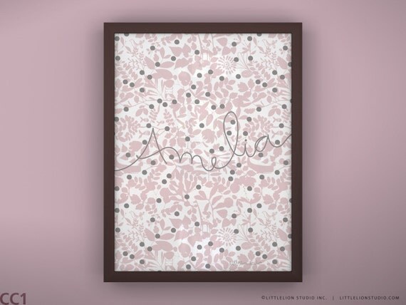 Personalized baby print wall art retro cute floral and animal silhouette - Unframed 11 3/4 x 15 3/4" - Morning Mist