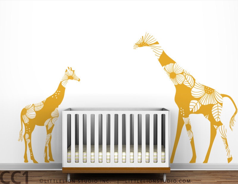 Mom and Baby Floral Giraffes Wall Decals - Yellow, orange, white, brown