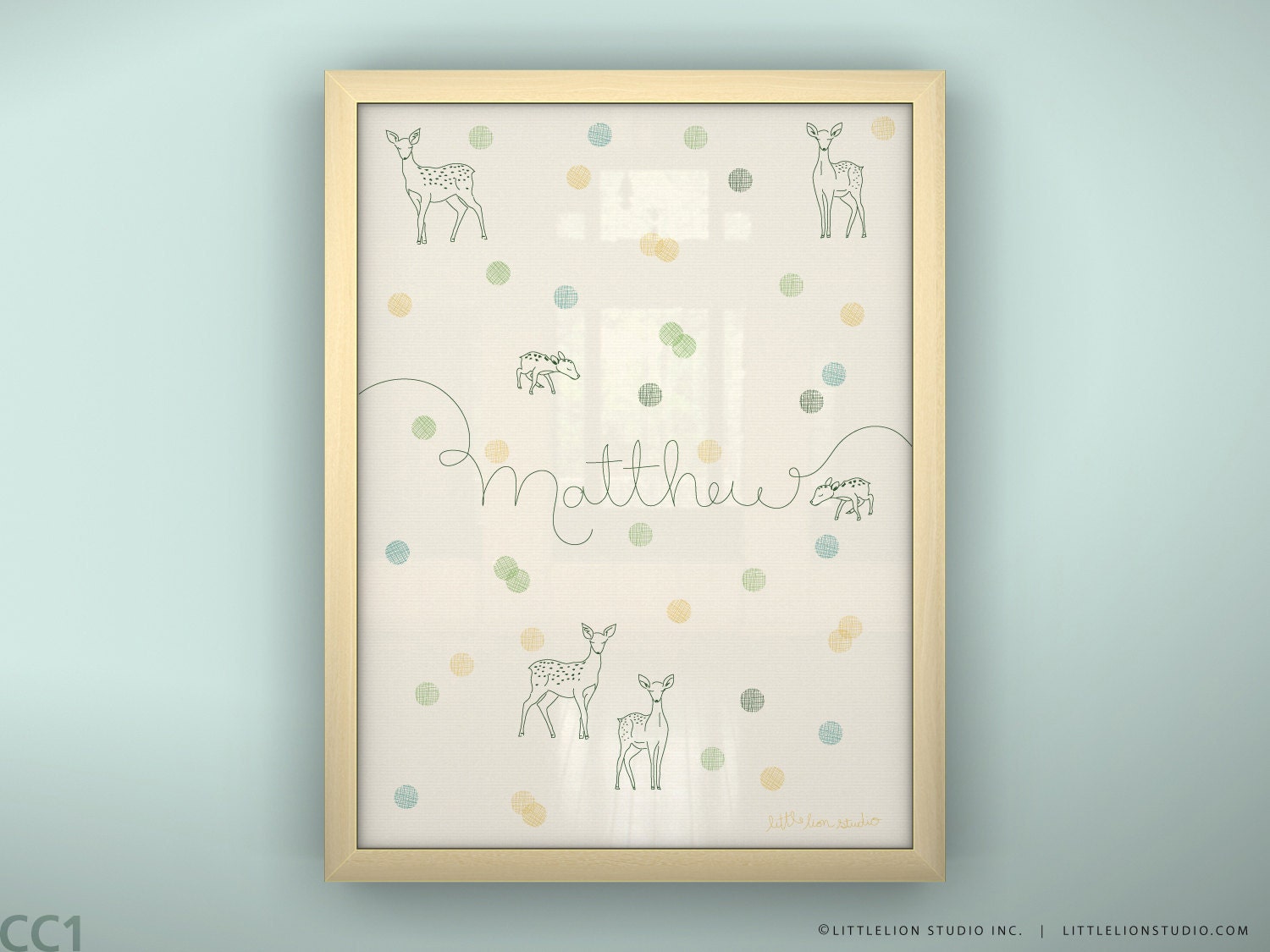 Kids room wall art prin deer dots soft pastel wall art custom baby name art print - Unframed 11 3/4  x 15 3/4" - Confetti