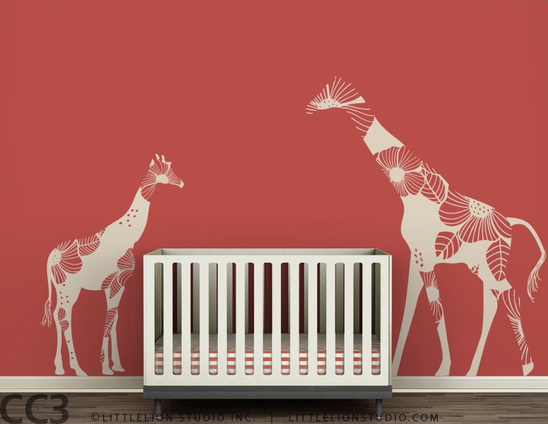 Mom and Baby Floral Giraffes Wall Decals - Yellow, orange, white, brown