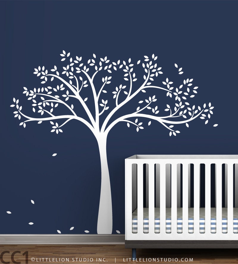Monochromatic Fall Tree Extended Wall Decal - White Tree Decal, White Tree, Gray, Brown, Blue