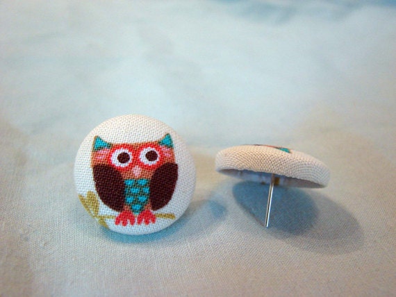 owl button post earrings handmade vintage mod jewelry by studio346