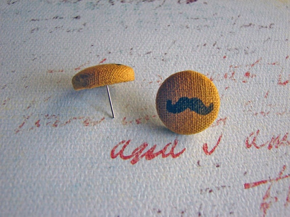 mustard yellow fabric button mustache earrings