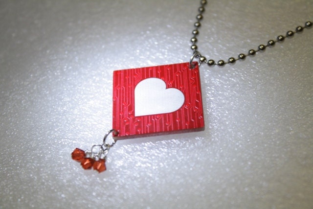 Circuit Board Ball Chain Necklace with Cherry Blossoms and Heart - Reversible
