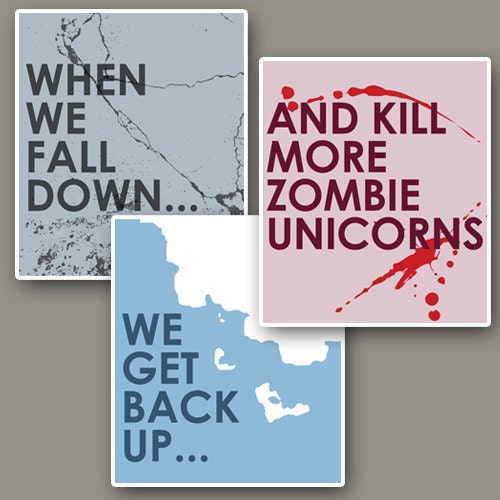 Zombie Unicorn Minimalist Humor Quote Prints: Three 12x14 Art Collection