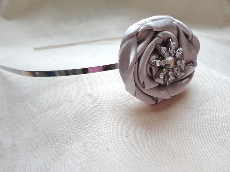 Satin Flower Skinny Metal Headband or Hair Clip with Gemstone Flower Center