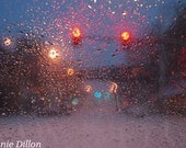 Landscape Photography - street lights - raindrops  - evening -  abstract - night - cityscape - Waiting For the Light: 8.5 x 11 Photograph