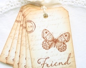 Butterfly Gift Tags Vintage Friend on Script Sepia and Cream Bridesmaid Favors and Gifts
