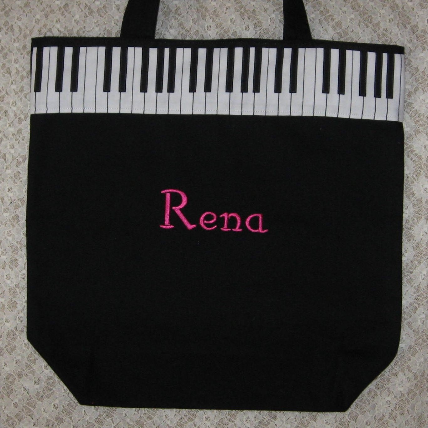 PIANO personalized music lesson book bag student black canvas embroidered keyboard tote bag children kids birthday recital gift idea