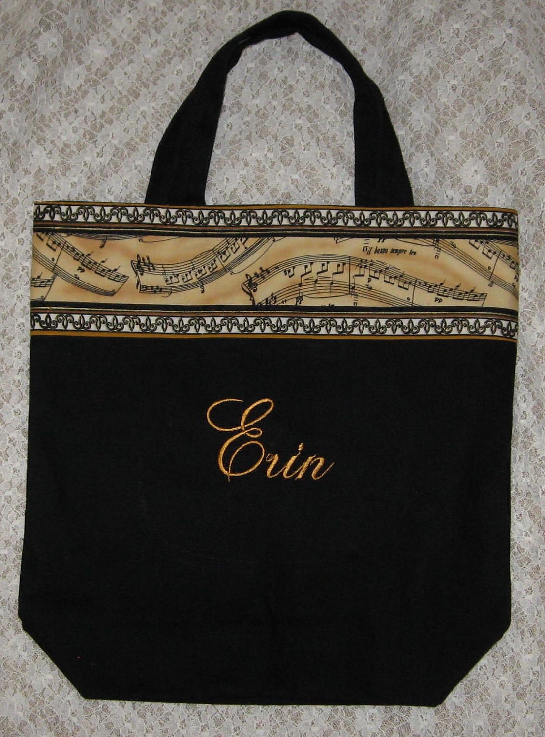 Music Score Personalized lesson book bag black canvas tote bag symphonic band orchestra choir teacher embroidered recital birthday gift idea