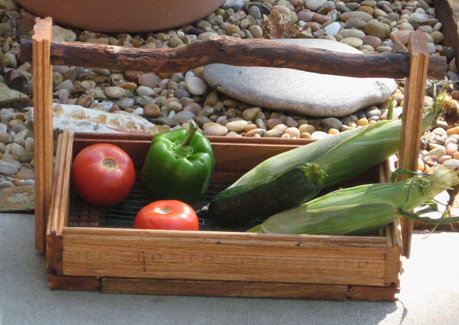 Garden Basket repurposed oak - fruits vegetables harvest rustic oak branch handle garden tool caddy gifts for gardeners gift idea