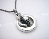 925 Sterling Silver Skull Snake Python Pendant Serpent