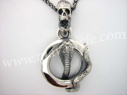 925 Sterling Silver Skull Snake Cobra Pendant Serpent