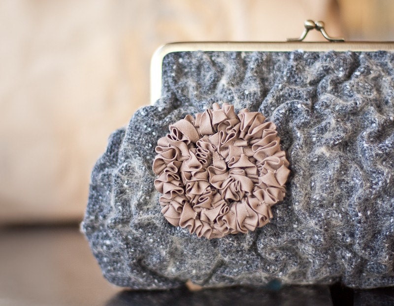 Fiber Art Clutch Purse Nuno Felted Bag Gray Taupe Desert Brown Puckered OOAK dark neutral rusteam