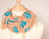 Silk Scarf nuno felted Aqua Sky Blue Turquoise, Natural Ginger Beige Abstract Texture OOAK rustic country