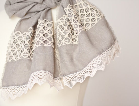 Linen Scarf Vintage French Lace Eco Friendly Natural Gray Beige summer boho neutral OOAK
