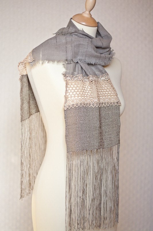 Long Linen Scarf Vintage French Lace Long Fringes Gray Beige OOAK
