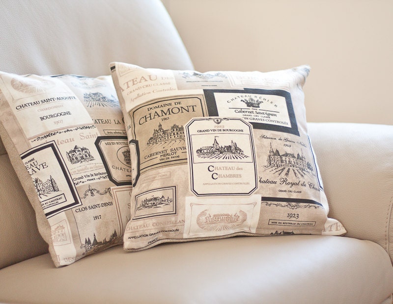 Pillow Cover French Country Vineyard 16 x 16 Oatmeal Beige Neutral Rustic Shabby Chic Vintage style Vine Labels teamcamelot