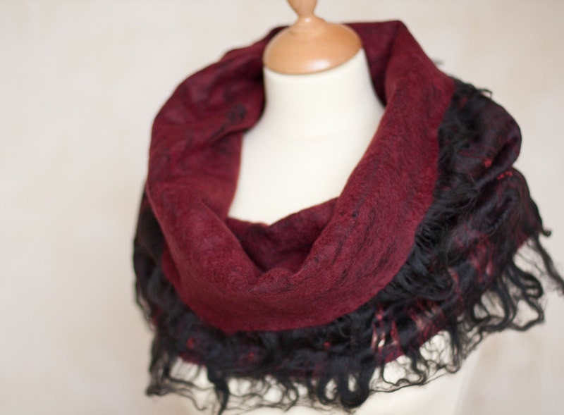 Felted Scarf Cowl Circle Cobweb Scarf Wool Hoodie Scarves Black Oxblood Burgundy Wine Red Gothic eco friendly teamcamelot elitett tbteam
