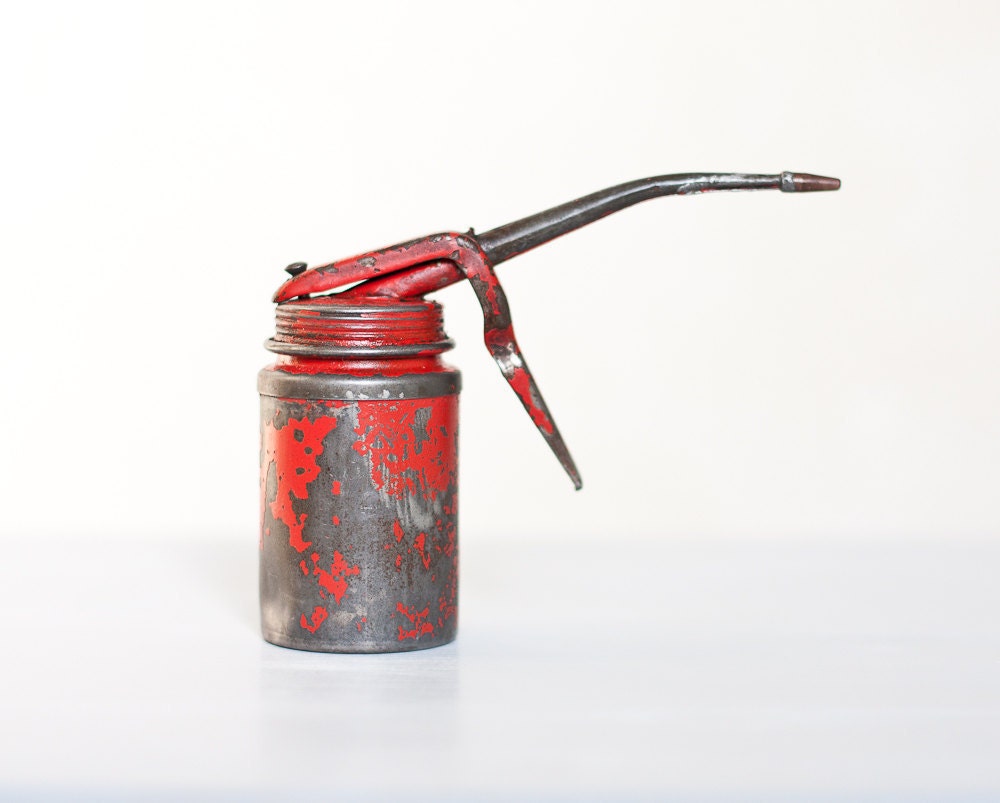 Vintage Red Engine Oil Can Atomizer Industrial Rustic Home Decor Men gift for him neutral