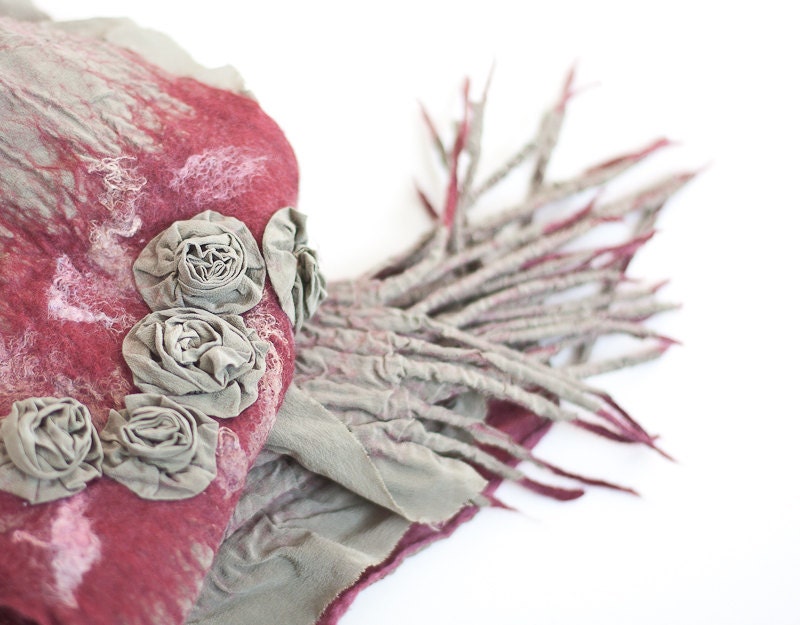 Nuno felted Scarf Silk Roses Garden Fiber Art Folk Boho Gypsy Burgundy Khaki green shabby chic OOAK