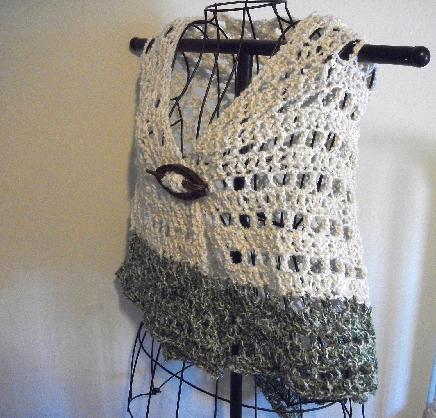 Lace Shawl Cream/ Off White And Ivy Green Crochet Shawl Cotton Blend Triangle Shape