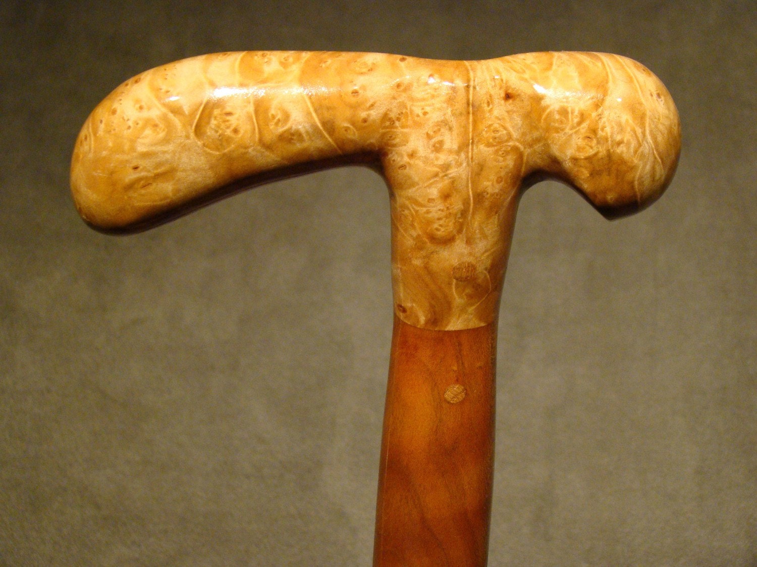 Elegant walking cane (Item 031) Fancy Maple Burl & Figured Cherry