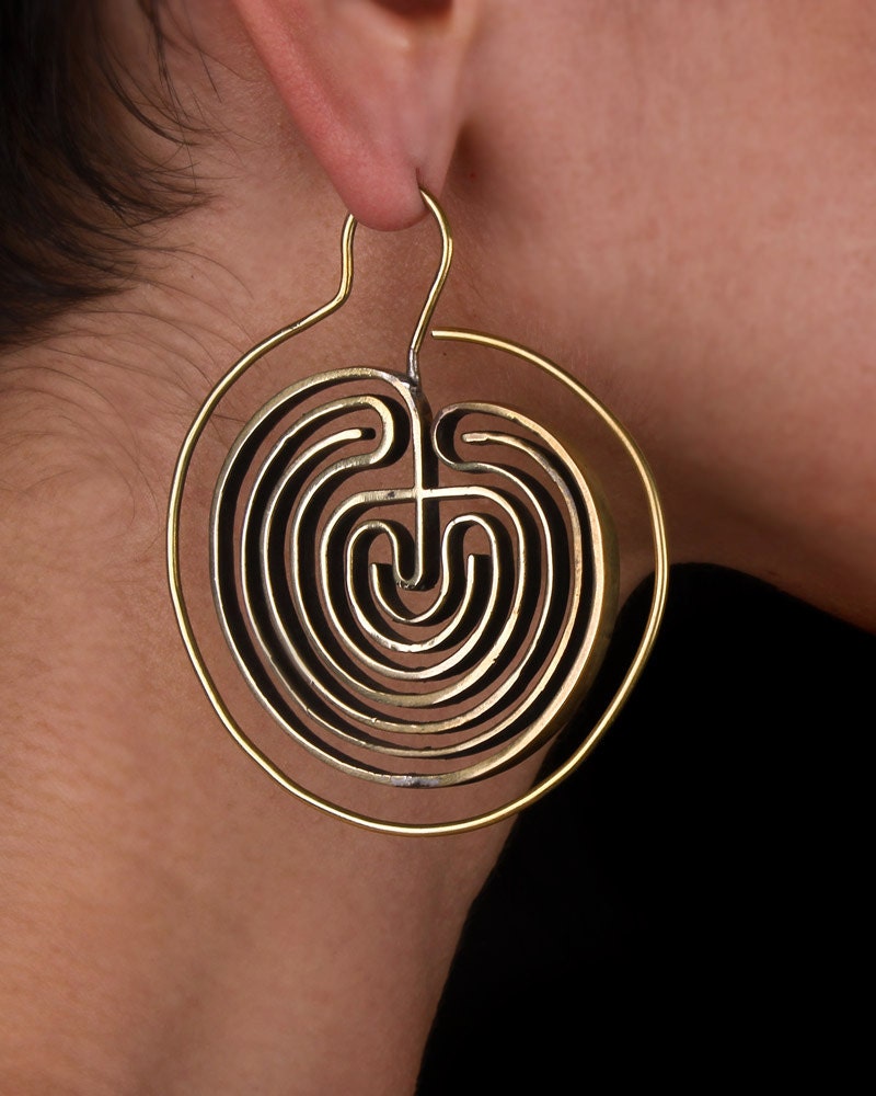 Hoop Earrings - Big Hoops - Tribal Earrings - Labyrinth Jewelry - Gold Earrings