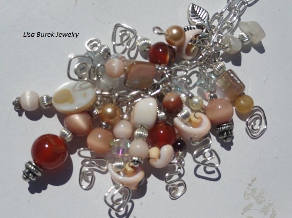 Beaded Cluster Necklace With Shells Pearls Crystals and Gemstones