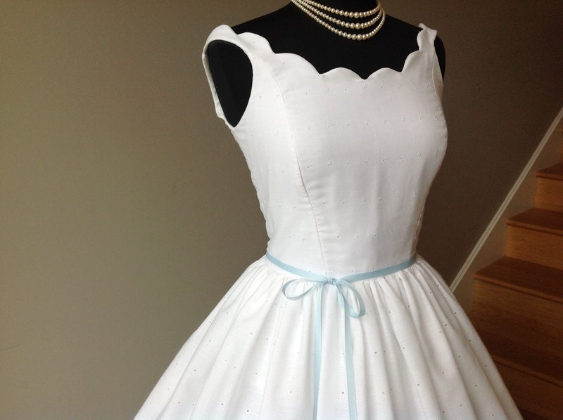 Tea Length Wedding Dress PRIMROSE, Cotton Eyelet Dress, Off Shoulder