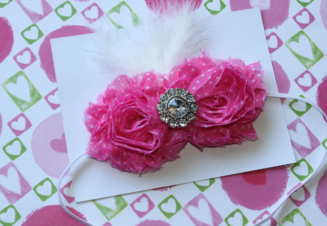 Pink Polka Dot Shabby Rosettes with White Feather Puff and Fancy Rhinestone (Newborn, Toddler, Child)