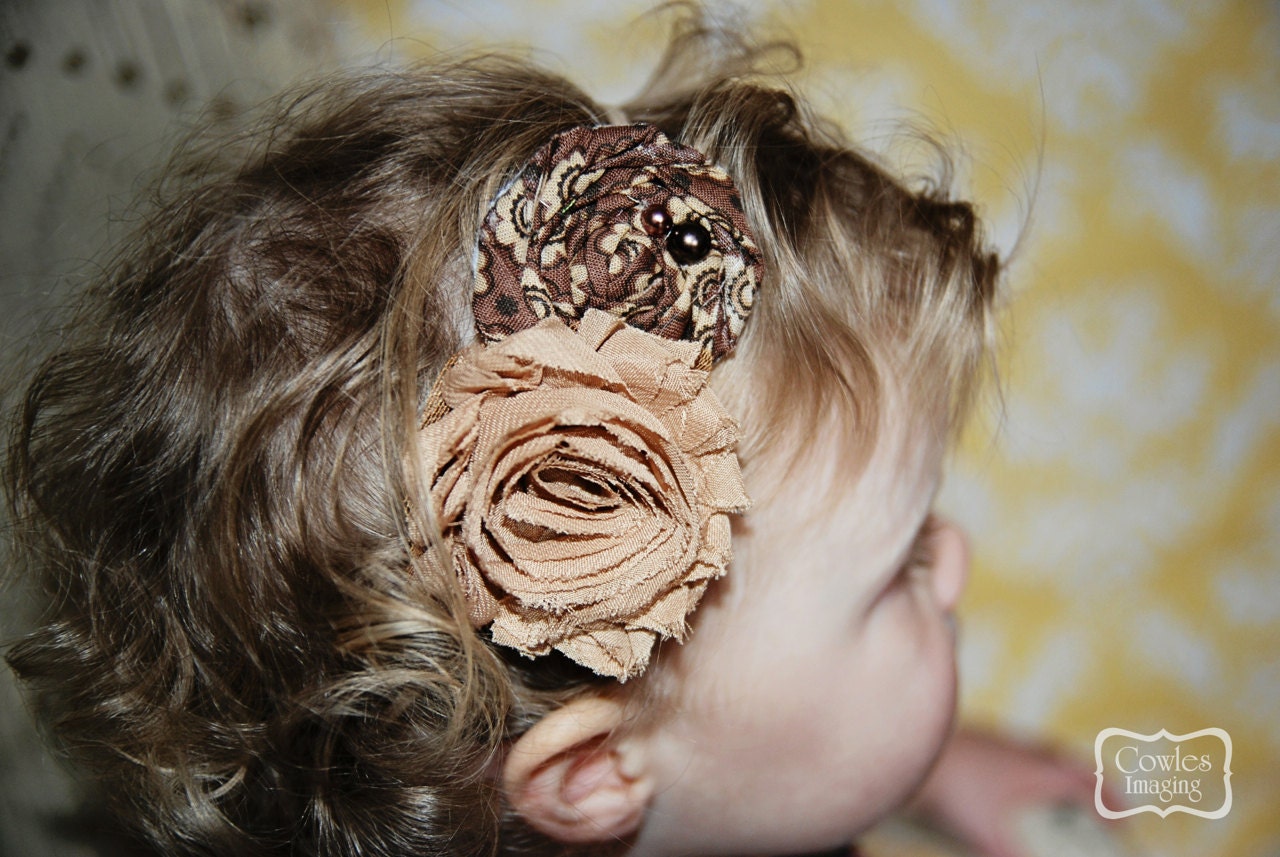 Shabby Chic Taupe and Brown Headband on a Brown  Skinny Headband (Newborn, Toddler, Child)