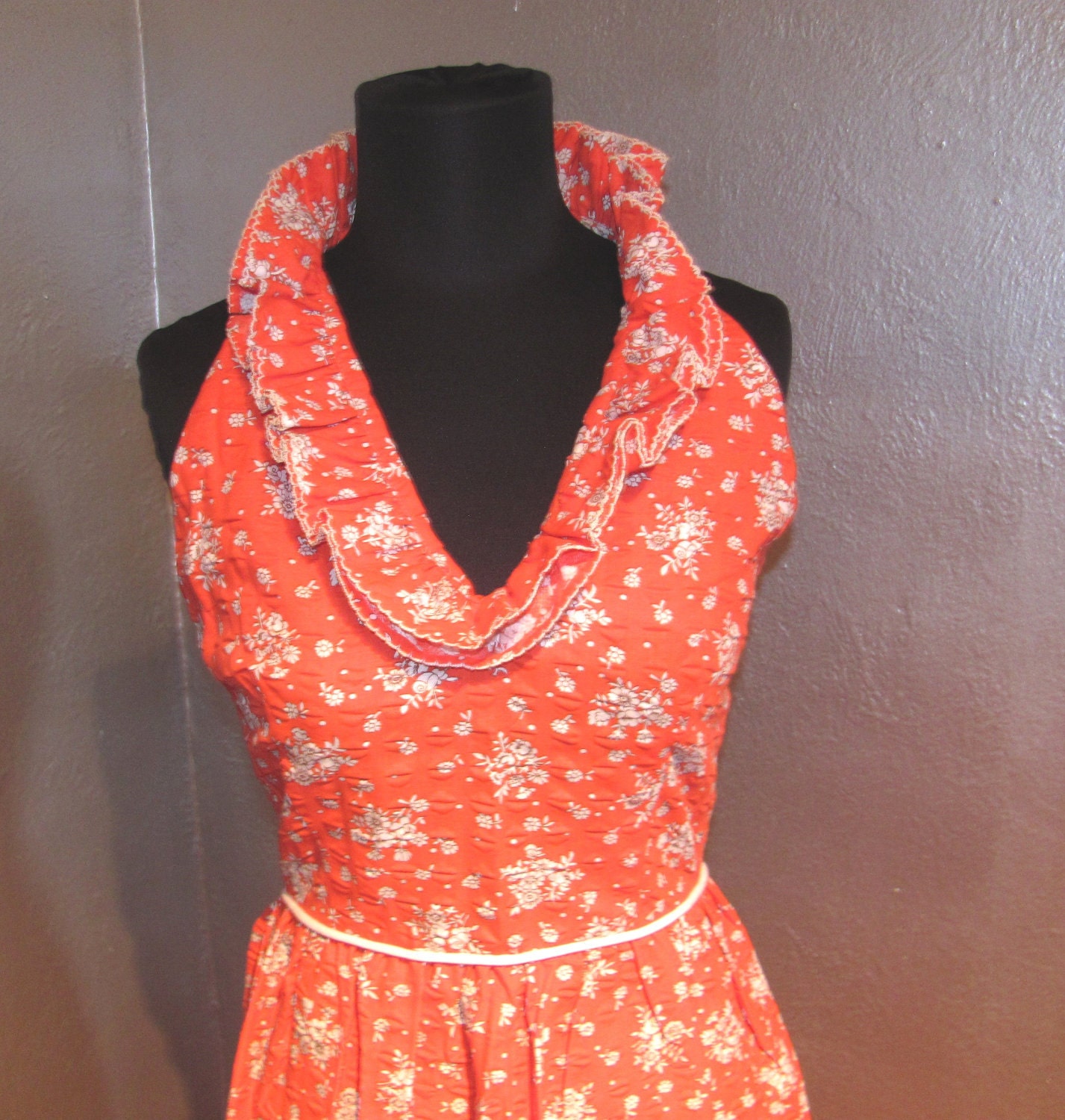 SALE: Orange Red Sleeveless Floral Maxi Dress / Retro Ruffles