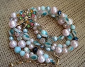 Upcycled Vintage Aqua Turquoise and Pink Faux Pearl Necklace