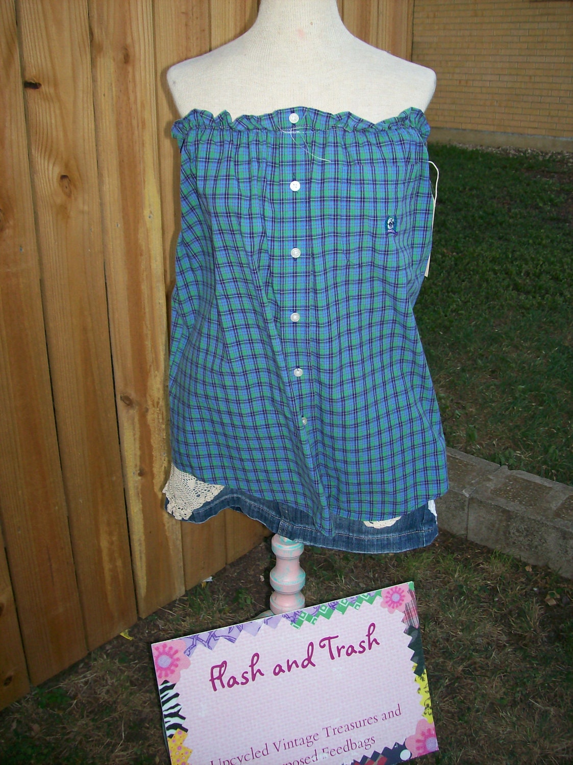 Upcycled Recycled Western Pearl Snap Shirt Peasant Blouse Blue Plaid