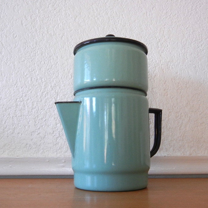 Vintage French Enamel Coffee Pot, Turquoise Blue, Complete 4 Piece Set Biggin or Teapot