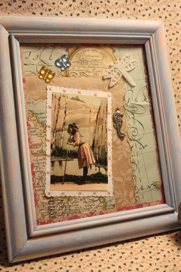 Wall Art Framed - WANDERING TRAVELER -   Map Altered Artwork Frame Collage Mixed Media Repurposed Picture Upcycled