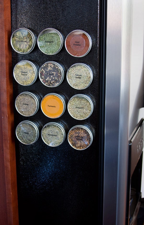 Magnetic spice tins - DIY spice rack or home organization - 16 food safe metal tins - includes labels, software