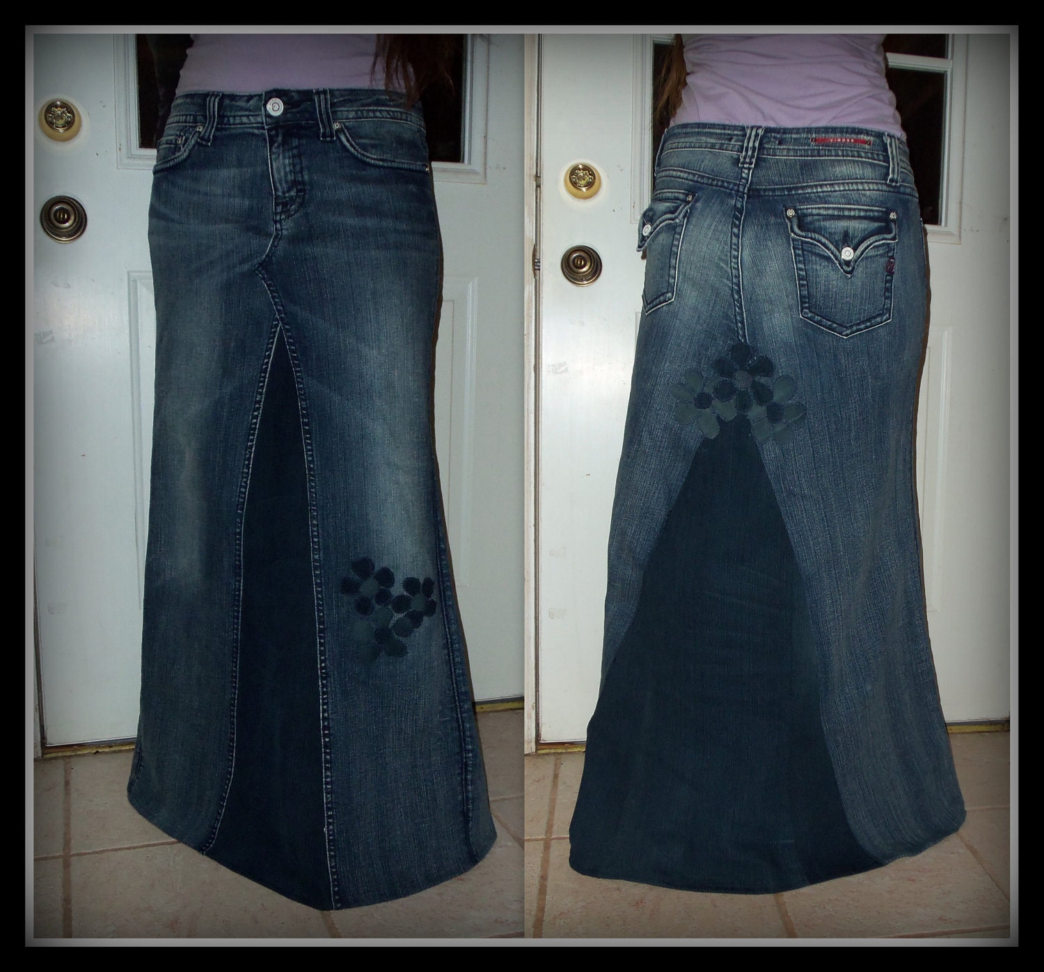 Custom Order two tone Long jean skirt with added flower detail to your size made on order PLUS SIZE
