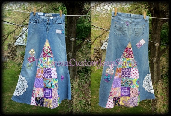 Classic Hippie patchwork Long Jean Skirt Custom Order to Your Size 0-14
