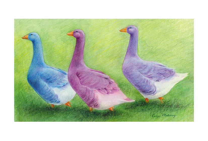 Three geese in purple, blue, and magenta waddle in a line - Art Reproduction (Print) -  "Follow the Leader"